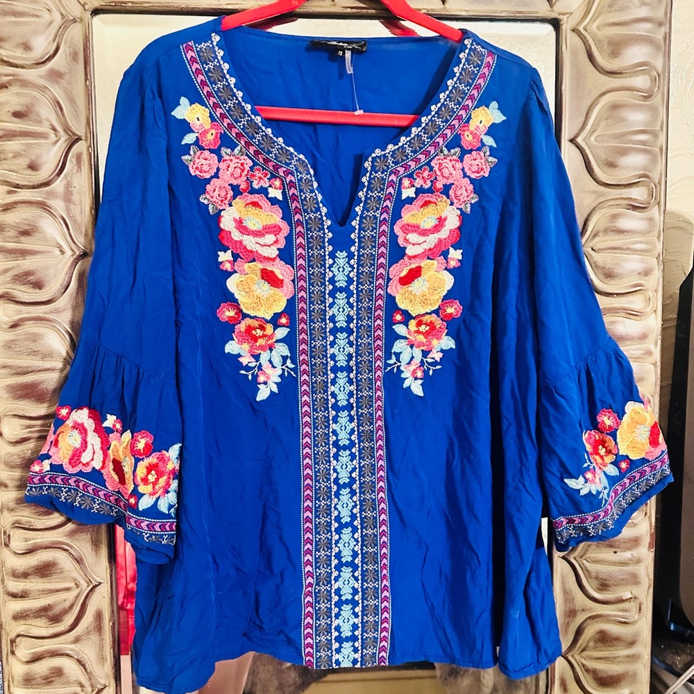 ANDREE BY UNIT Royal Blue Embroidered Floral Tunic